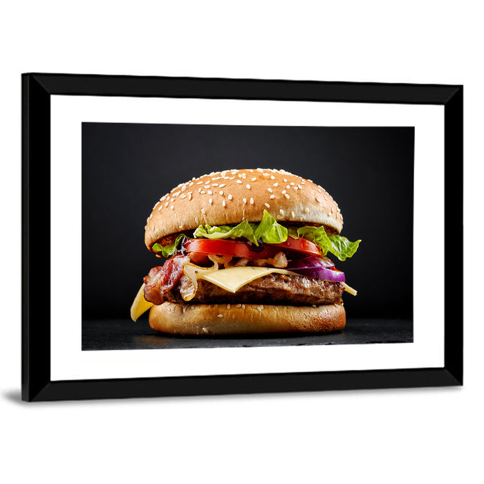 Cheeseburger with Bacon Wall Art as a framed print