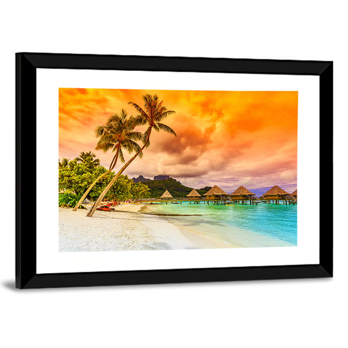 Bora Bora Overwater Bungalows at Sunset Wall Art as a framed print