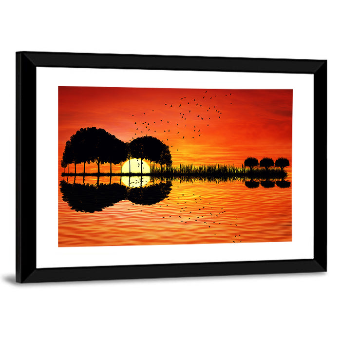 Sunset Trees and Lake Reflection Wall Art as a framed print