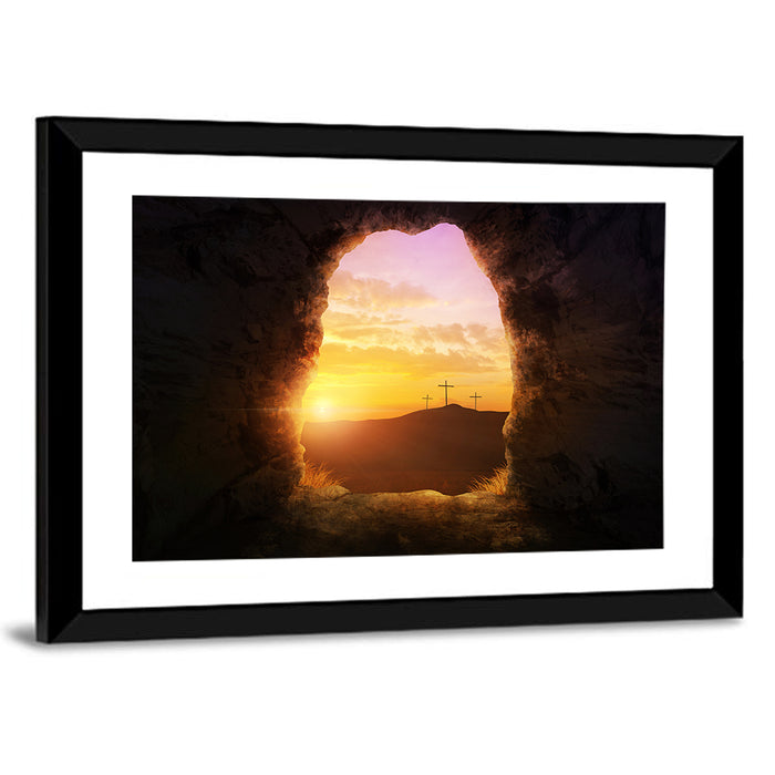 Empty Tomb with Three Crosses Wall Art as a framed print