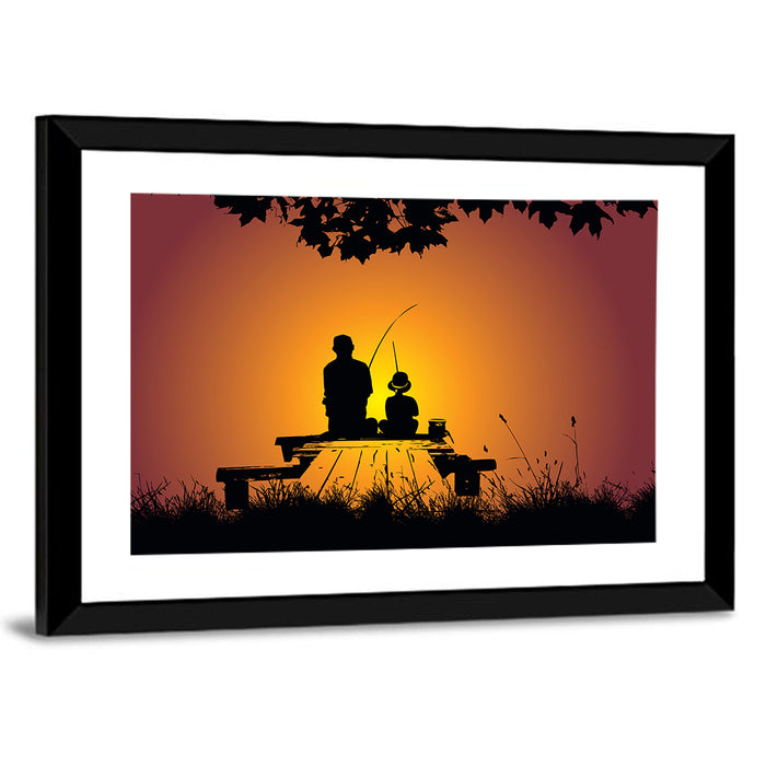 Dockside Sunset Fishing Silhouette Wall Art as a framed print