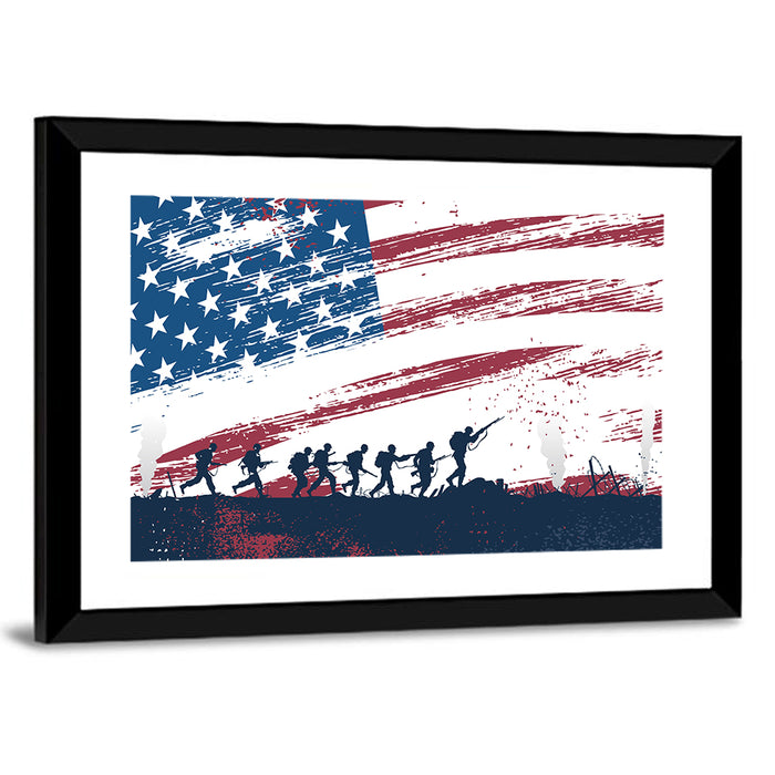Silhouetted Soldiers with Distressed American Flag Wall Art as a framed print
