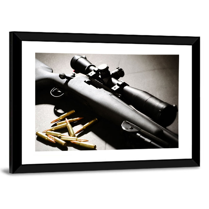 Bolt-action Sniper Rifle with Brass Cartridges Wall Art as a framed print