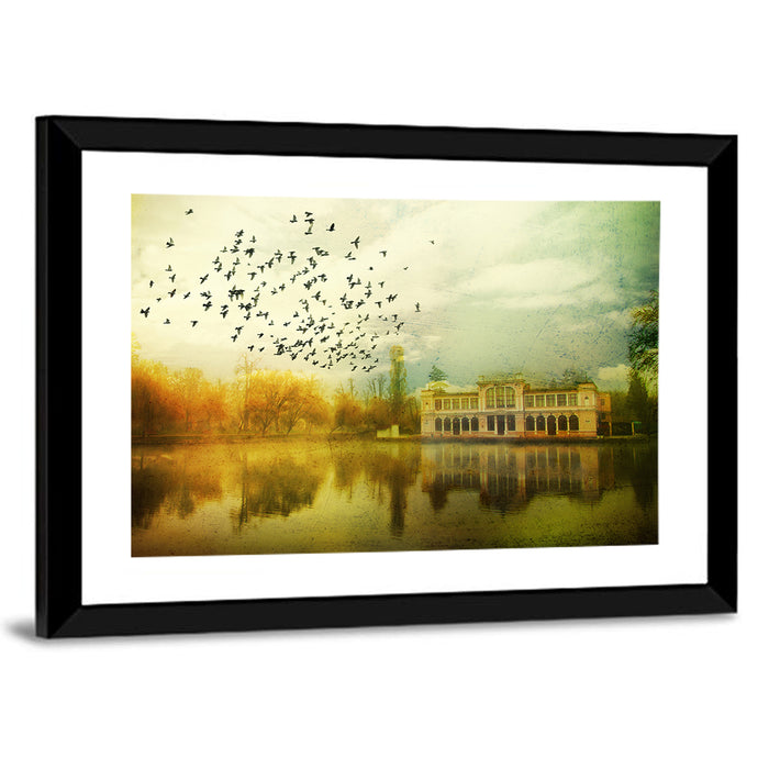 Old Mansion with Flock of Birds Wall Art as a framed print