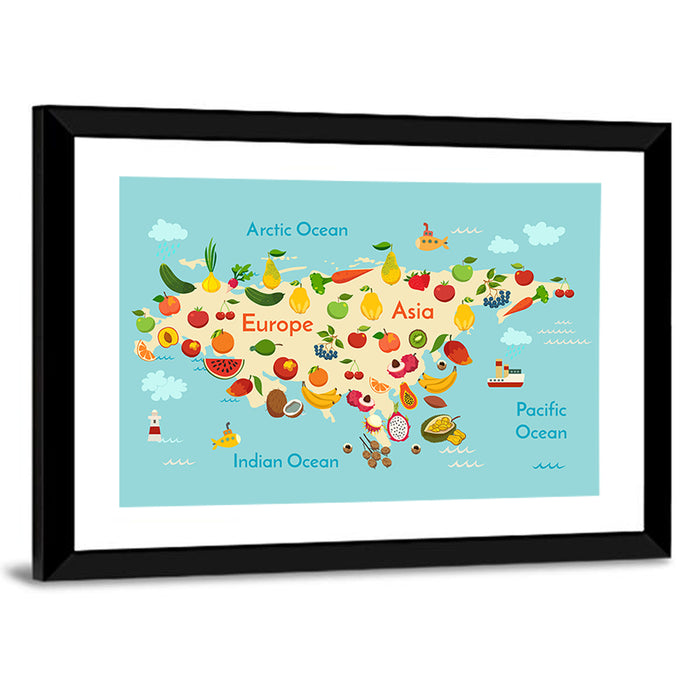 Illustrated Fruit World Map Wall Art as a framed print
