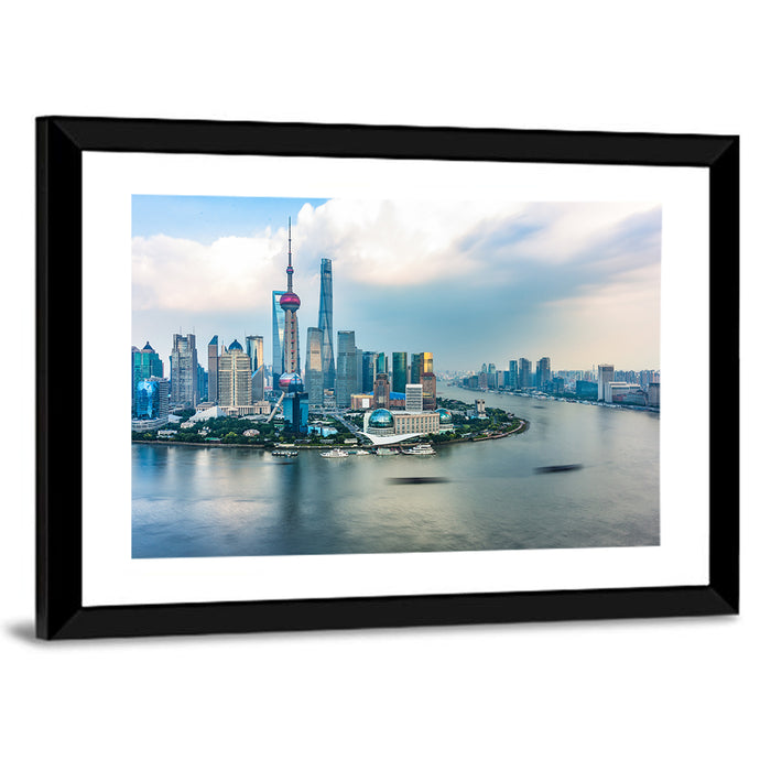 Shanghai Bund Skyline with Oriental Pearl Tower Wall Art as a framed print
