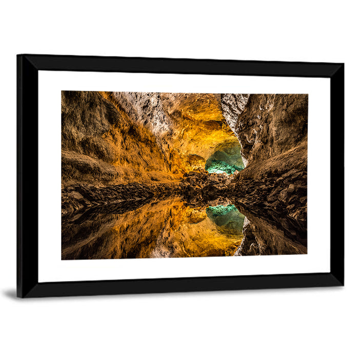 Glowing Green Cave Reflection Wall Art as a framed print