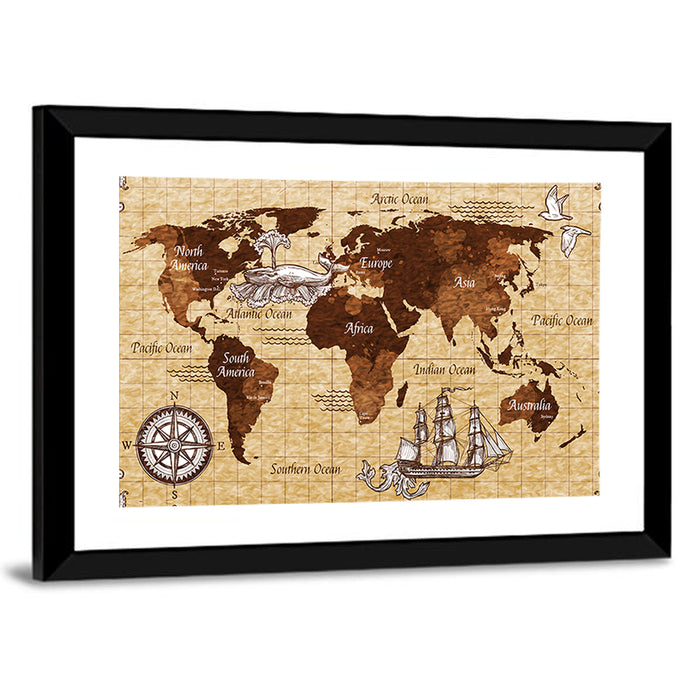 Vintage Nautical World Map Wall Art as a framed print