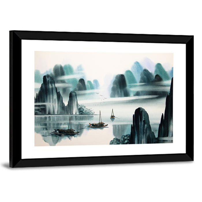 Misty Mountain Lake with Boats Wall Art as a framed print