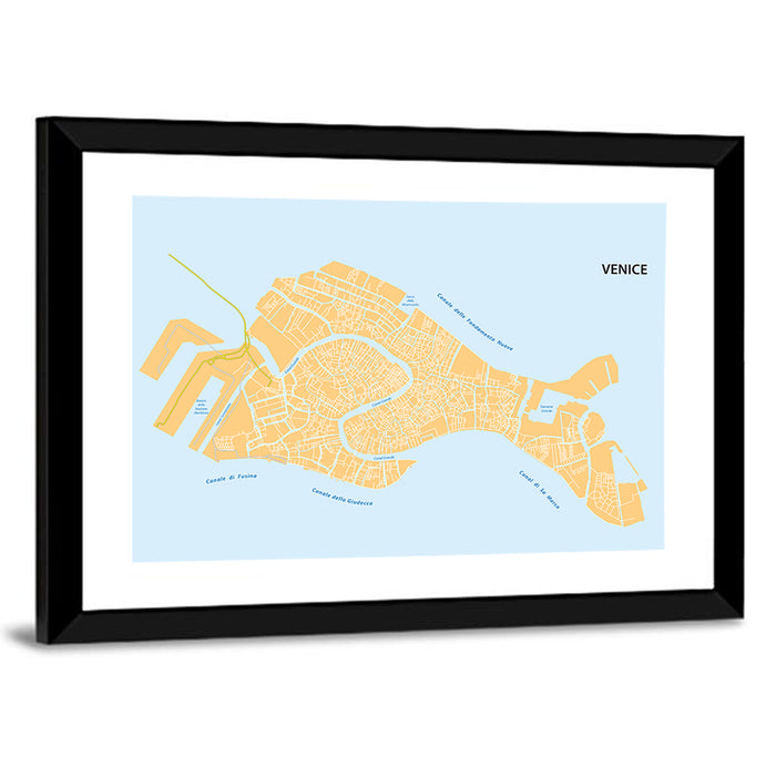 Venice Canal Map, Light Blue and Orange Wall Art as a framed print