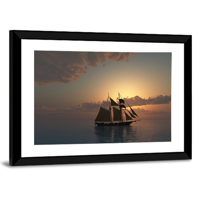 Schooner Silhouette at Sunset Wall Art as a framed print