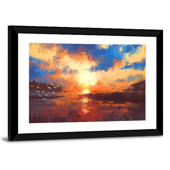 Golden Sunset Over Lake Wall Art as a framed print