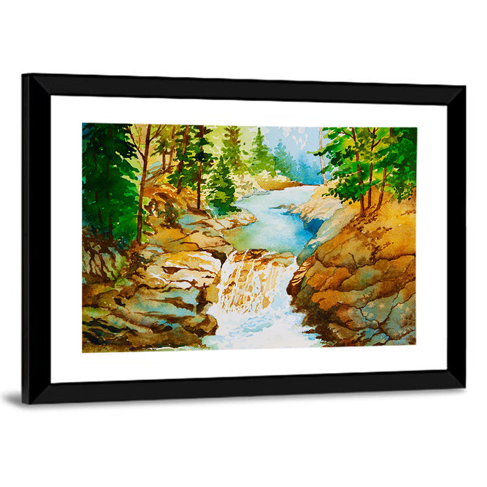 Mossy Forest Waterfall Wall Art as a framed print
