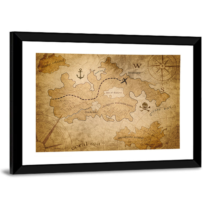 Vintage Pirate Treasure Map Wall Art as a framed print