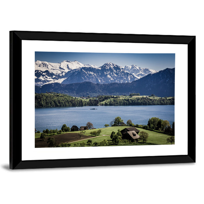 Alpine Lake View with Meadows Wall Art as a framed print