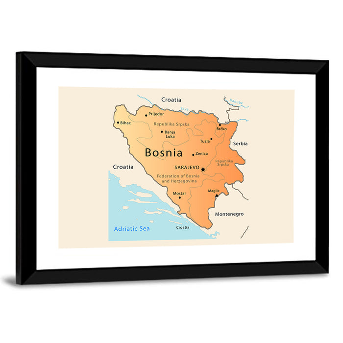 Bosnia and Herzegovina Map Wall Art as a framed print