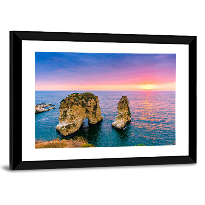 Raouché Rocks at Dusk, Beirut Wall Art as a framed print