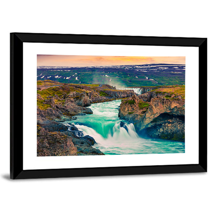 Godafoss Sunset Cascade Wall Art as a framed print
