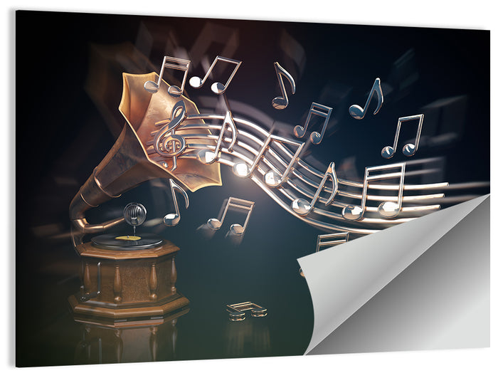 Gramophone with Flowing Musical Staff Wall Art as a poster print