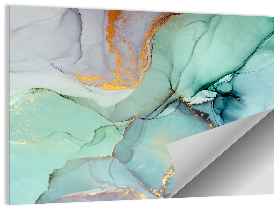 Teal Ink Marbling with Gold Veins Wall Art