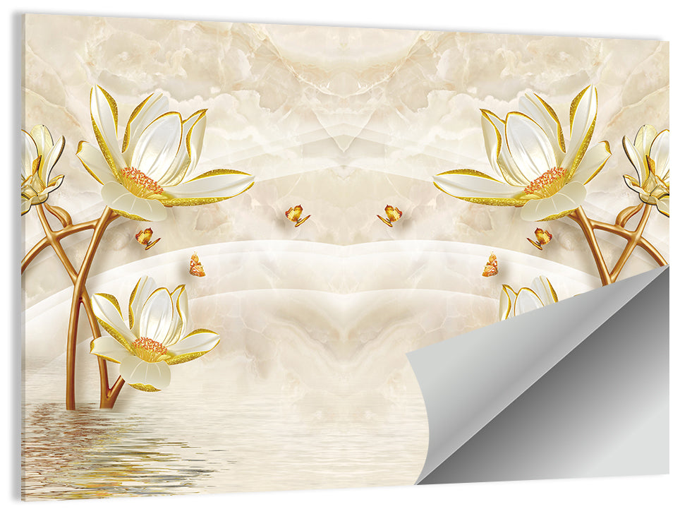 3d Lotus and Butterfly Illustration Wall Art