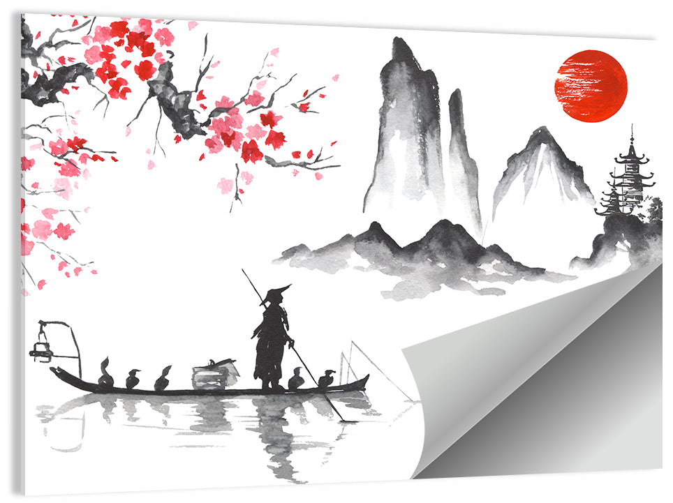 Ink Wash Fishing Boat with Red Sun Wall Art