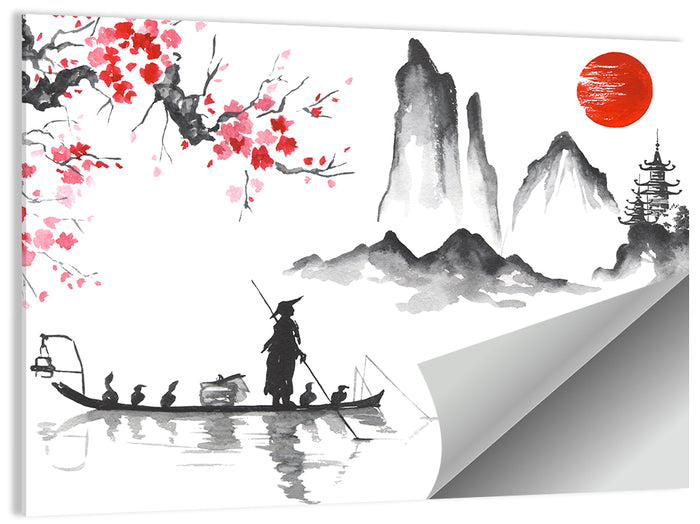 Ink Wash Fishing Boat with Red Sun Wall Art as a poster print
