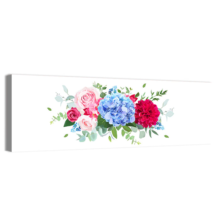 Summer Hydrangea, Dahlia and Rose Bouquet Wall Art as a canvas print