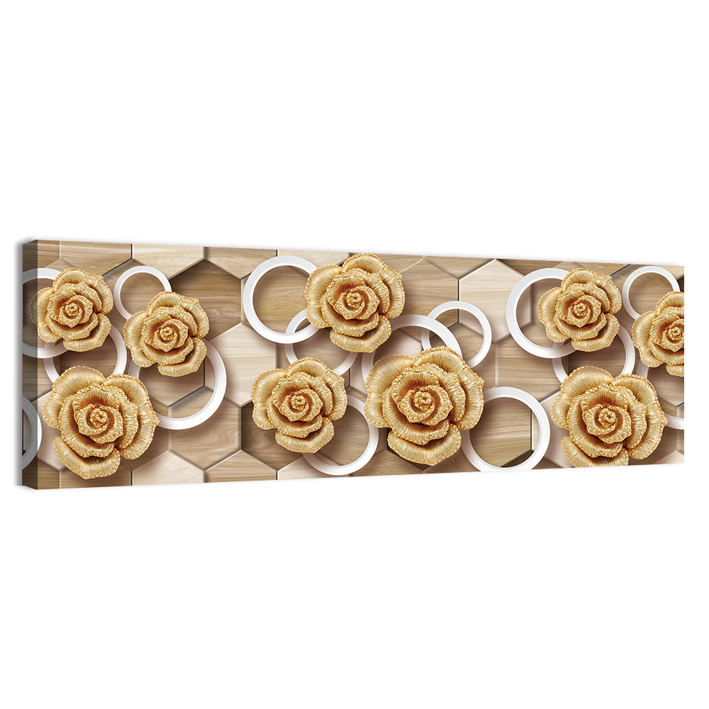 Gold Roses on Geometric Tiles Wall Art, canvas print, panoramic