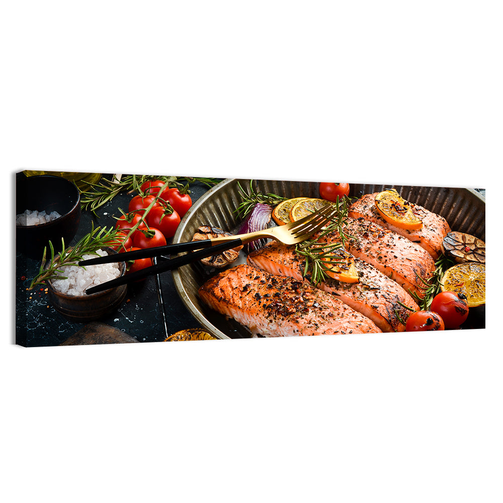 Grilled Salmon with Lemon and Rosemary Wall Art, canvas print, panoramic