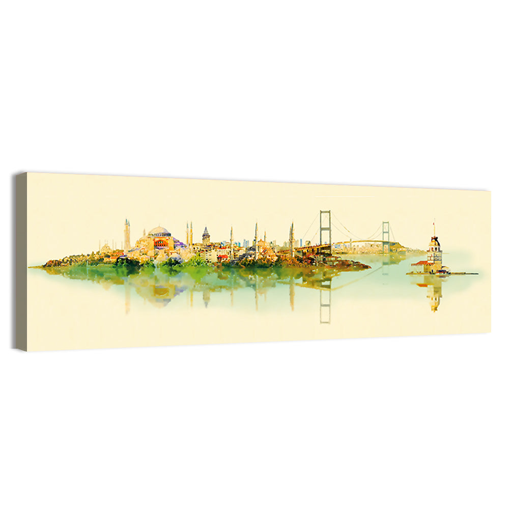 Istanbul Bosphorus Watercolor Skyline Wall Art, canvas print, panoramic