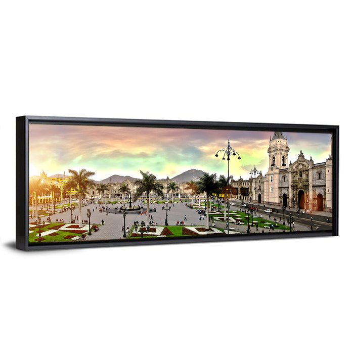 Plaza Mayor, Lima Sunset Wall Art as a framed canvas