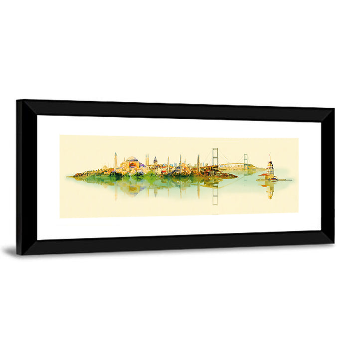Istanbul Bosphorus Watercolor Skyline Wall Art as a framed print