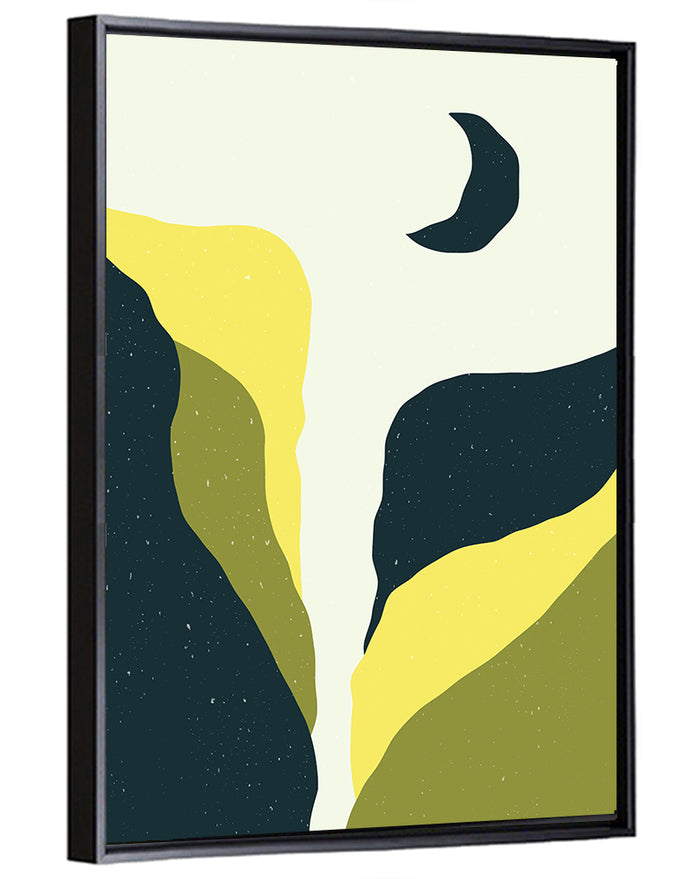 Crescent Moon Cliff and Mountain Wall Art as a framed canvas