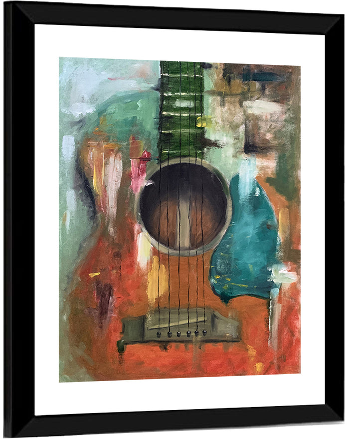 Moody Acoustic Guitar Oil Painting Wall Art as a framed print