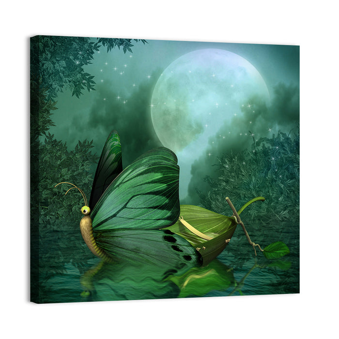Moonlit Butterfly on Leaf Boat Wall Art as a canvas print