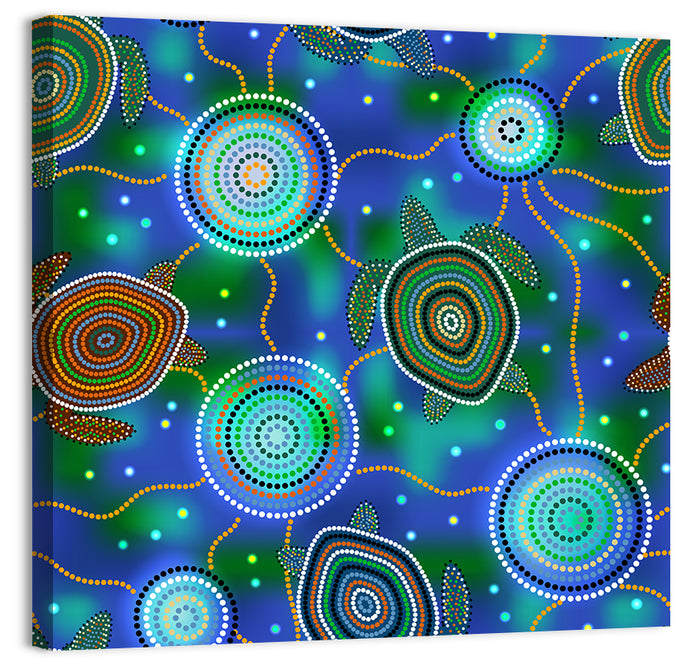 Dot Painted Sea Turtles and Jellyfish Pattern Wall Art as a canvas print