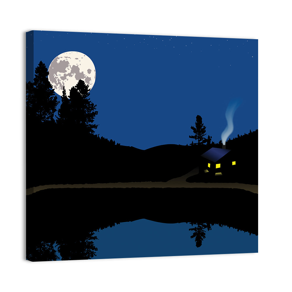 Moonlit Cabin on Mountain Lake Canvas Wall Art, canvas print, square
