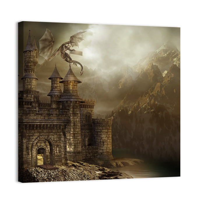 Dragon Perched on Castle Wall Art as a canvas print