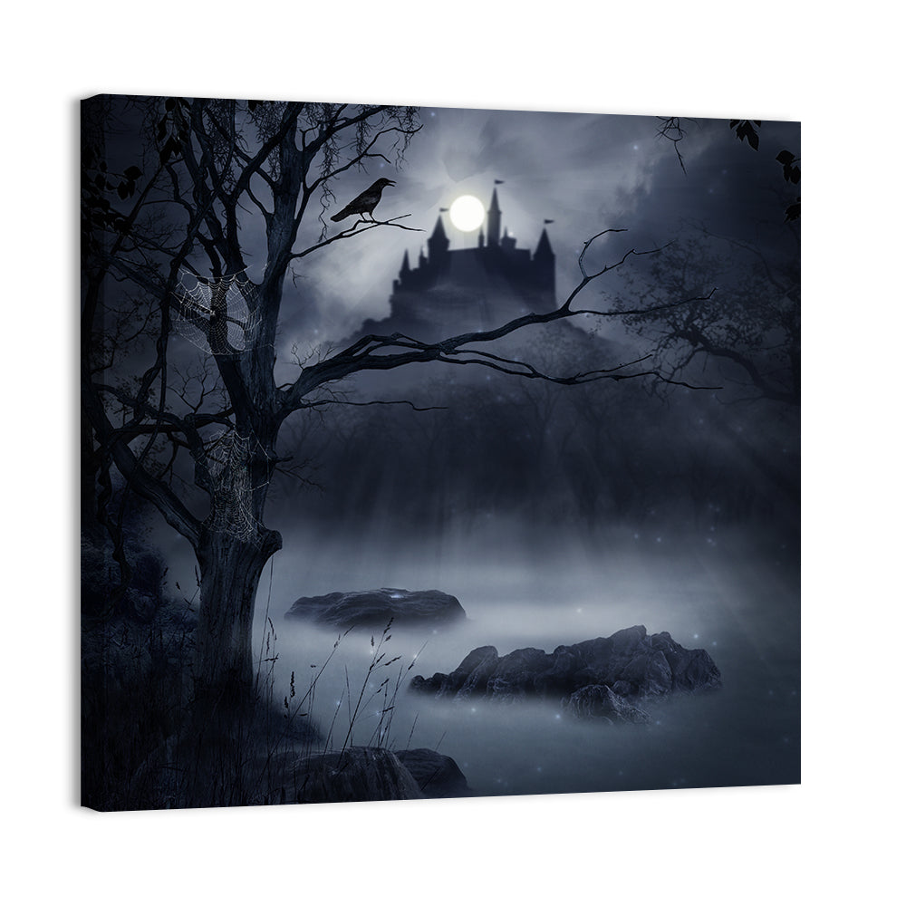 Moonlit Castle Over a Swamp Wall Art, canvas print, square