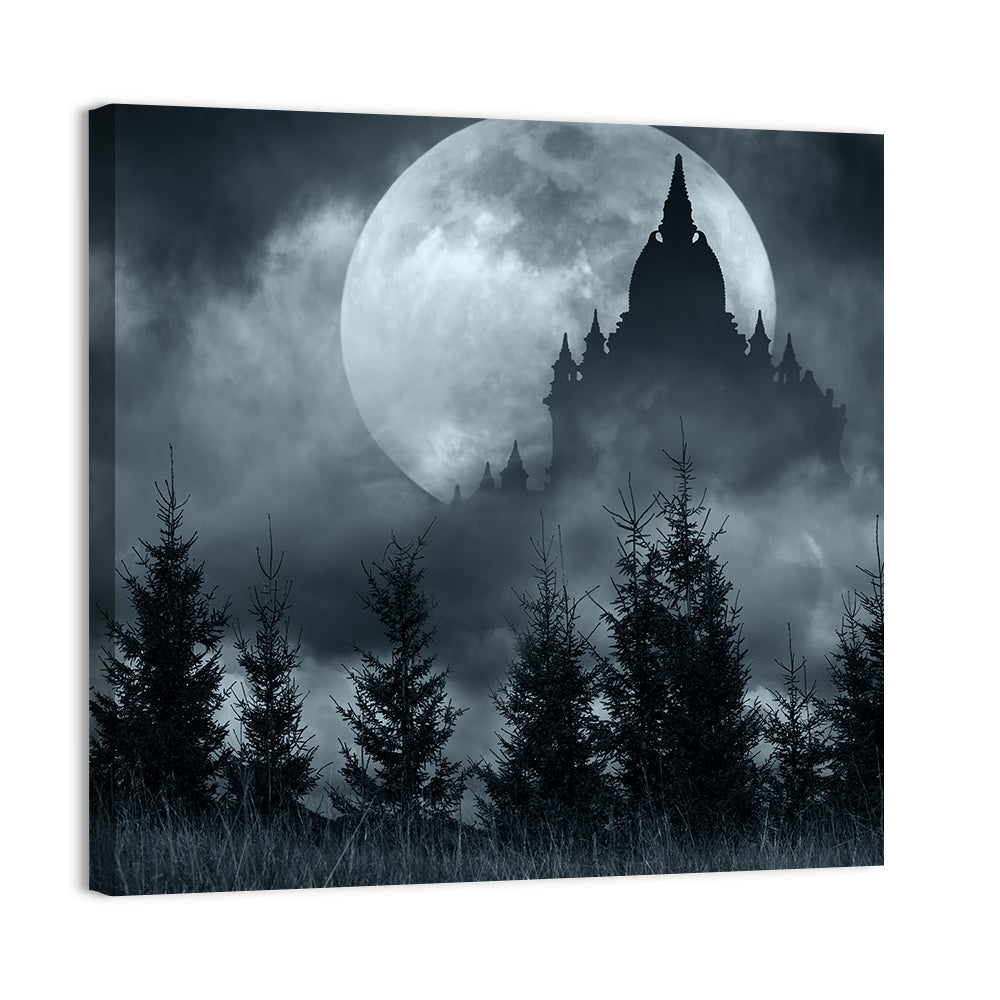 Moonlit Magic Castle Silhouette Wall Art, canvas print, square
