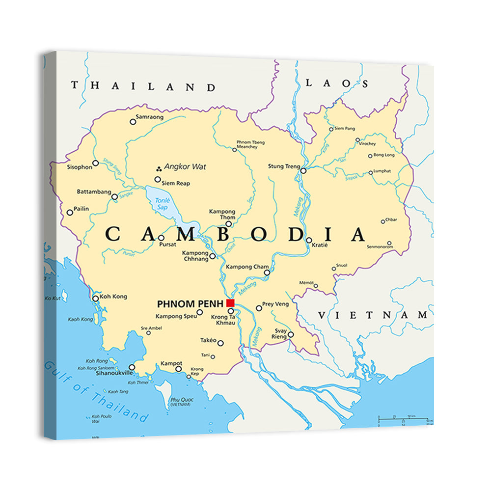 Minimalist Cambodia Political Map Wall Art, canvas print, square