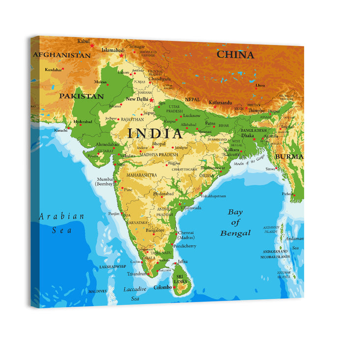 Relief Map of India Wall Art as a canvas print