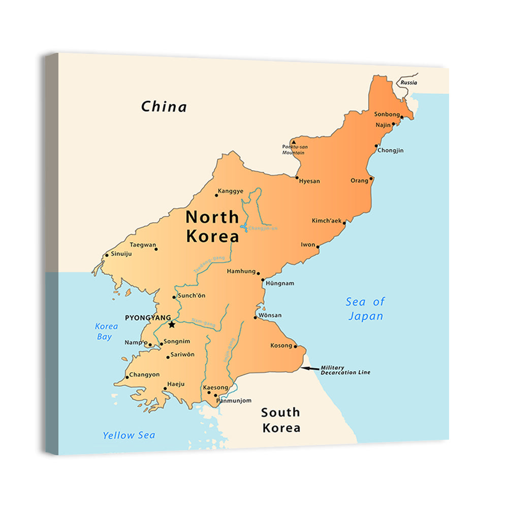 North Korea Political Map Wall Art, canvas print, square