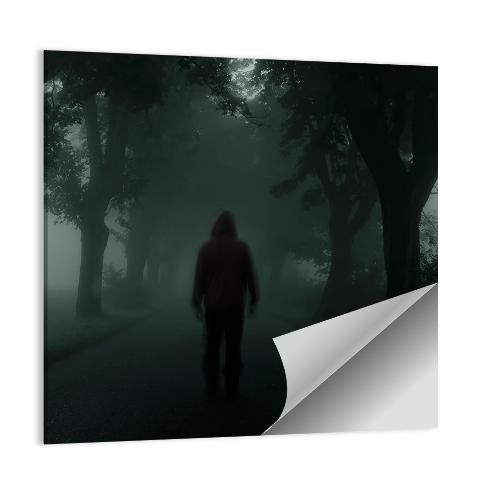 Hooded Silhouette on Foggy Forest Road Wall Art