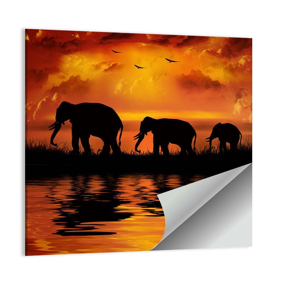 Elephants In Sunset Wall Art