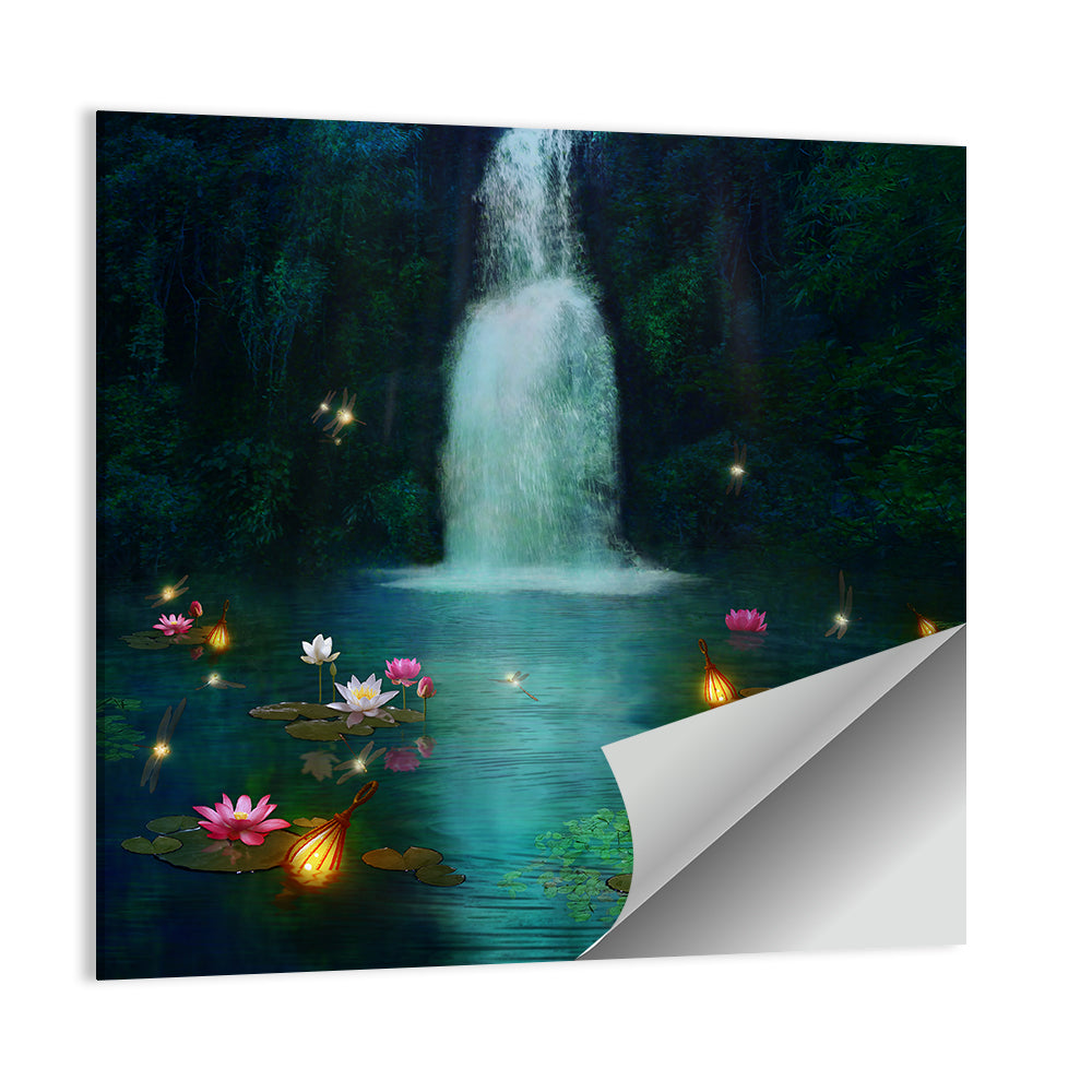 Moonlit Lotus Pond and Waterfall Wall Art