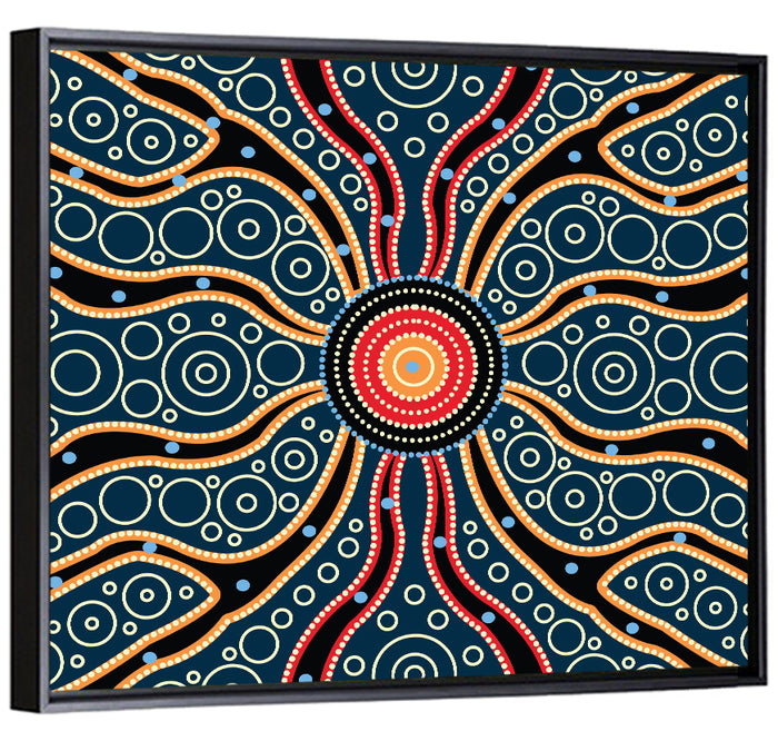 Concentric Dot Sunburst Illustration Wall Art as a framed canvas