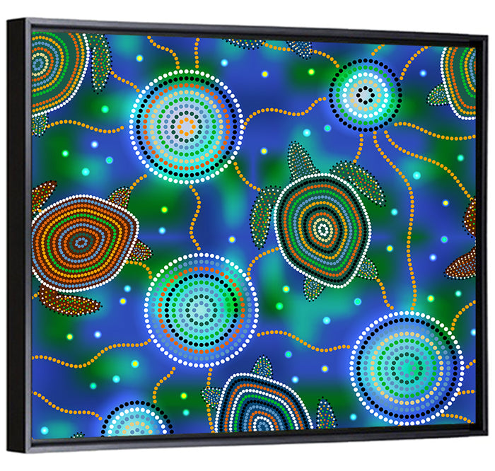Dot Painted Sea Turtles and Jellyfish Pattern Wall Art as a framed canvas