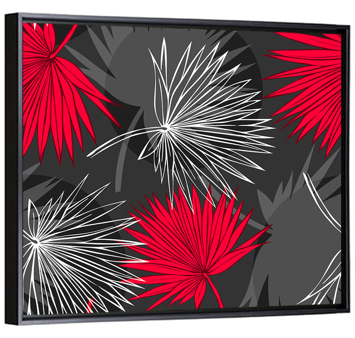 Red Palm Leaf Pattern Wall Art as a framed canvas